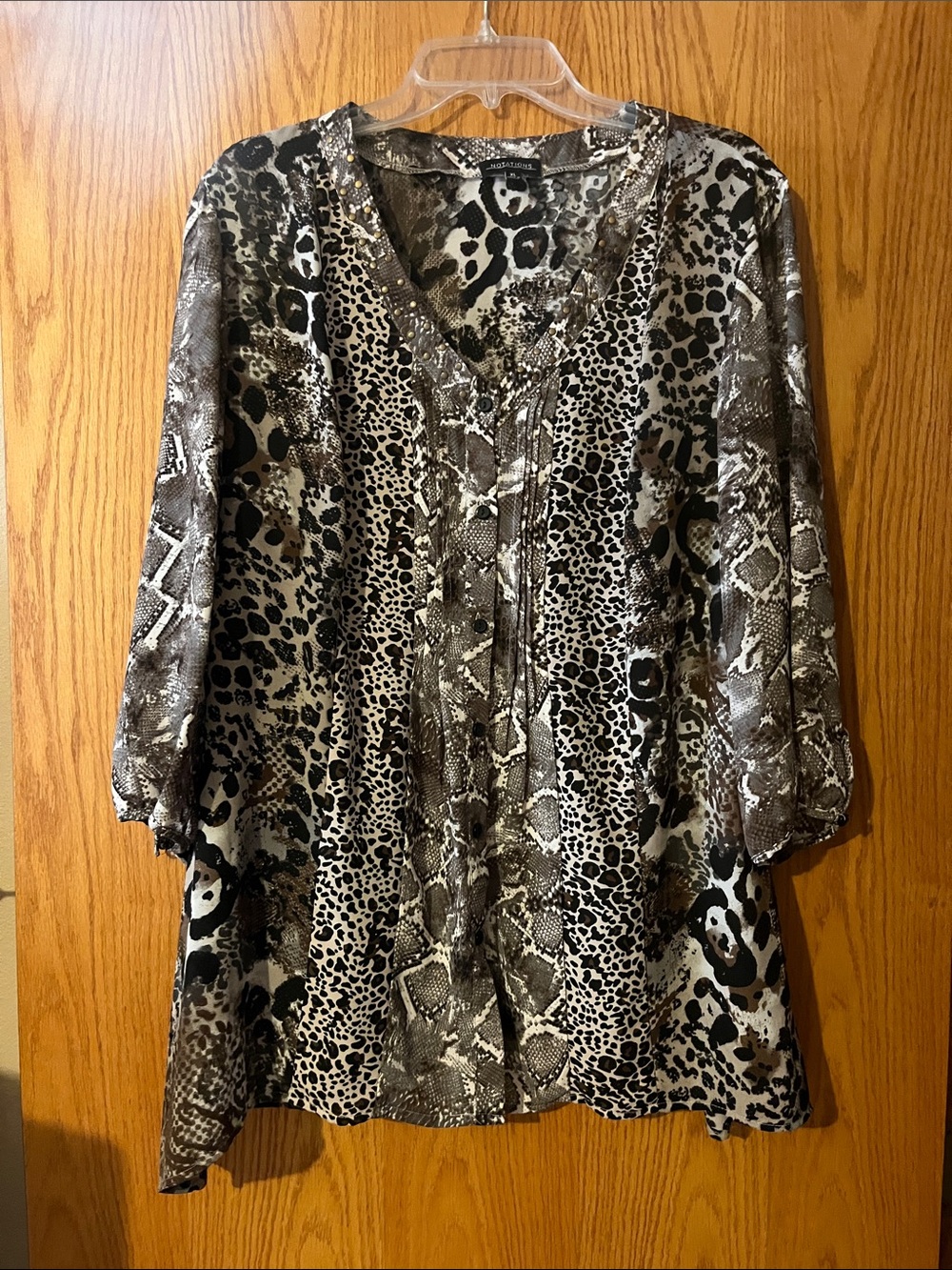 Notations Animal Print V-Neck Tunic in Black, Gray & Cream